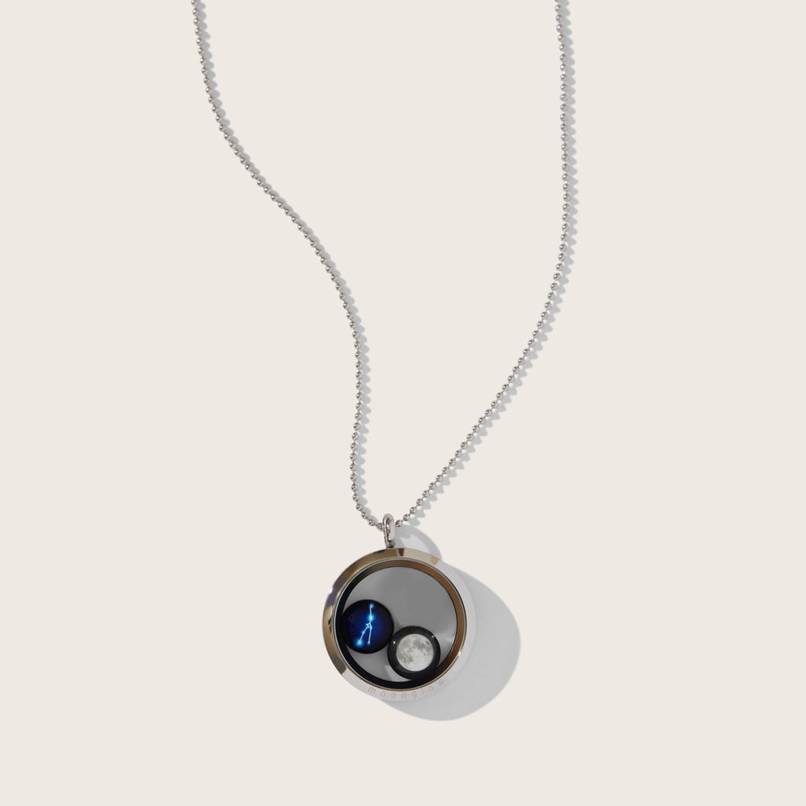 Stainless steel moon phase locket necklace with beaded chain 
