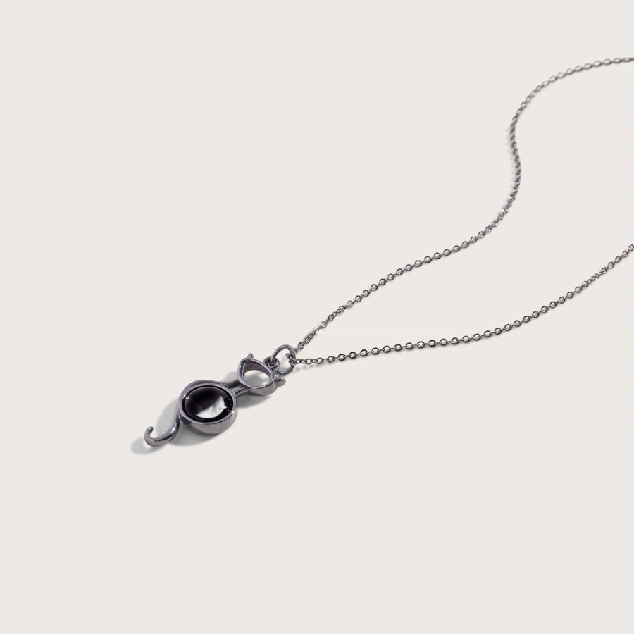 Black silver Moon phase Black Cat on the Moon Necklace