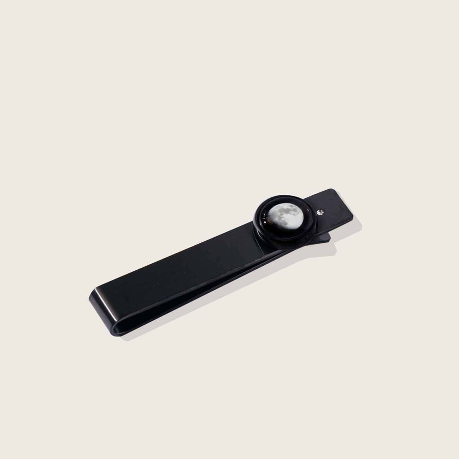 Moon phase tie bar in matte black stainless steel