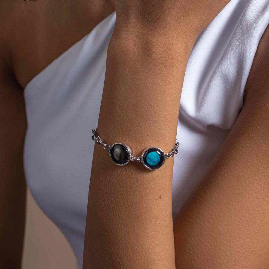 Woman wearing Twin Moon Soulmate Charm Bracelet